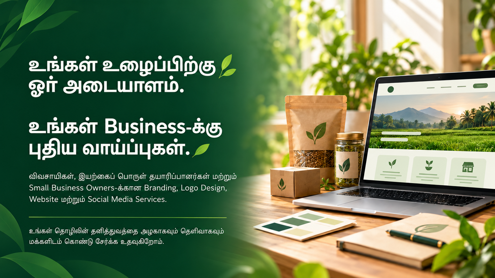 Emerald branding hero with warm desk